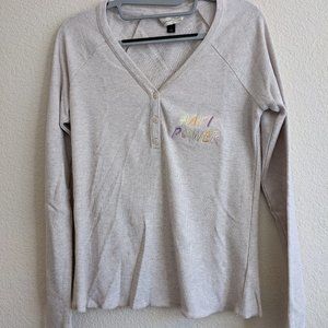 Embroidered AAPI Power Cream White Vneck Henley Sweater Pullover Long Sleeve Top